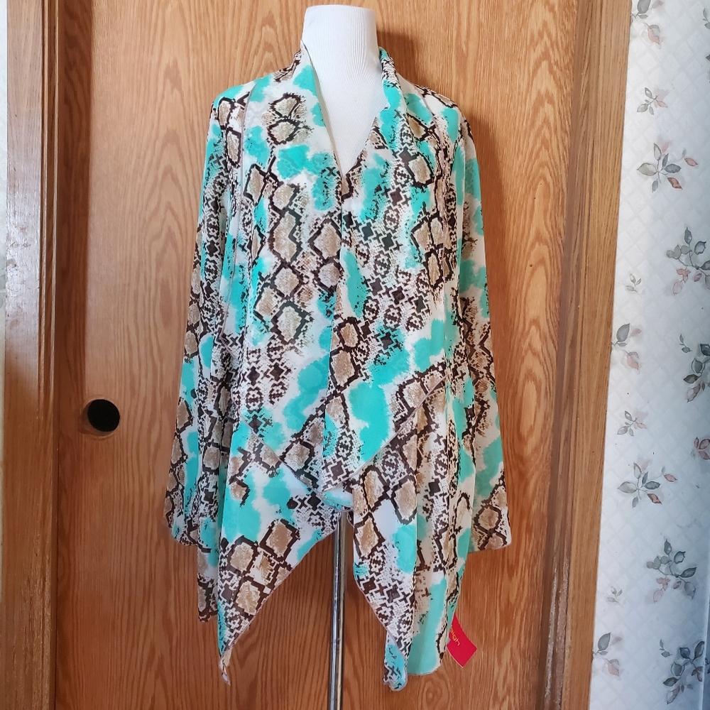 sunny leigh snake/animal print semi sheer ruffle bouse in mint polyester…